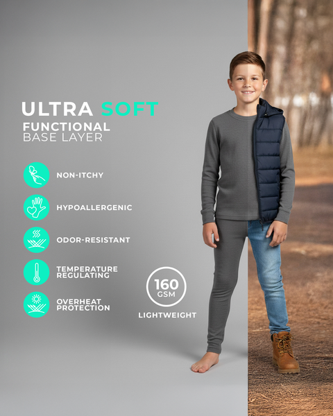 A boy wearing a gray long-sleeve base layer set, shown barefoot against a split studio and outdoor background with icons highlighting non-itchy, hypoallergenic, odor-resistant, temperature-regulating, and lightweight 160 GSM features.
