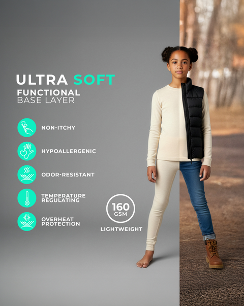 A girl in a natural cream long-sleeve base layer outfit, shown barefoot against a split studio and outdoor background with icons listing non-itchy, hypoallergenic, odor-resistant, temperature-regulating, and lightweight 160 GSM properties.