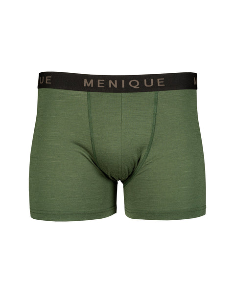 the menique men's short boxer briefs in dark green color, white background.