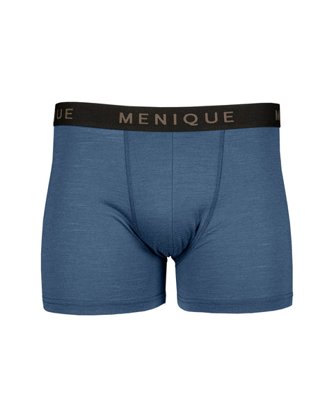 the menique men's short boxer underwear with logo waistband, color denim, white background.