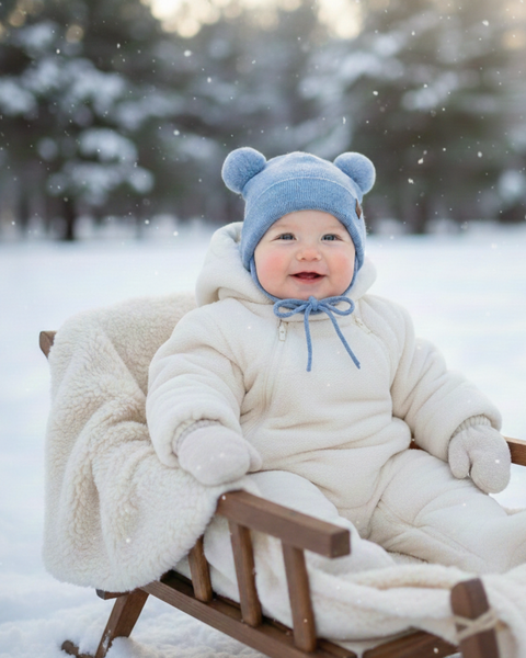Smiling baby outdoors in winter wearing light blue beanie and warm outfit