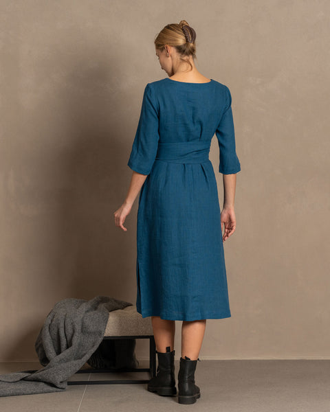 Linen 3/4 Sleeve Obi Wrap Dress Miley in cobalt blue