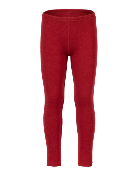 Front view of the menique kids' 250 gsm merino pants in royal cherry color, white background.