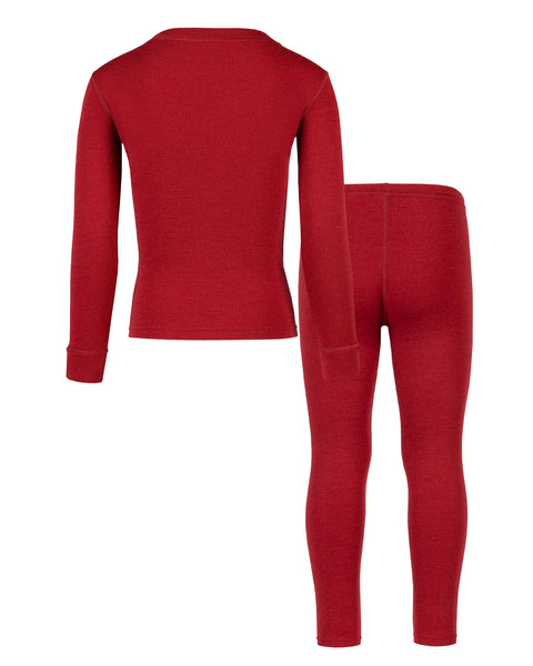 Back view of the kids' menique merino 250gsm two piece set of long sleeve top and pants, in royal cherry color, white background.
