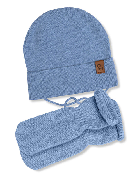 Baby Knit Beanie with Strings & Mittens 2-Piece Set Light Blue