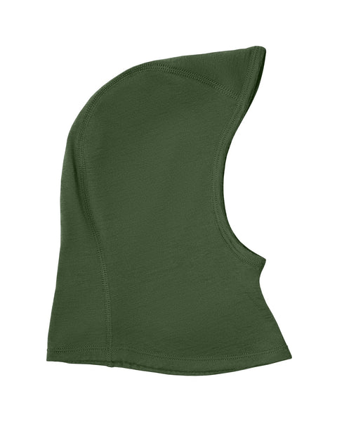 the kids' menique 160gsm balaclava in dark green color, white background.