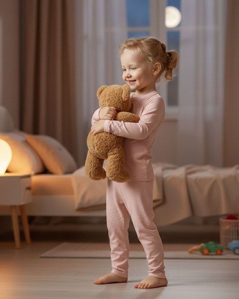 A young child in light pink pajamas smiles while hugging a brown teddy bear in a softly lit bedroom. A bed with white bedding and a nightstand lamp create a cozy nighttime atmosphere.