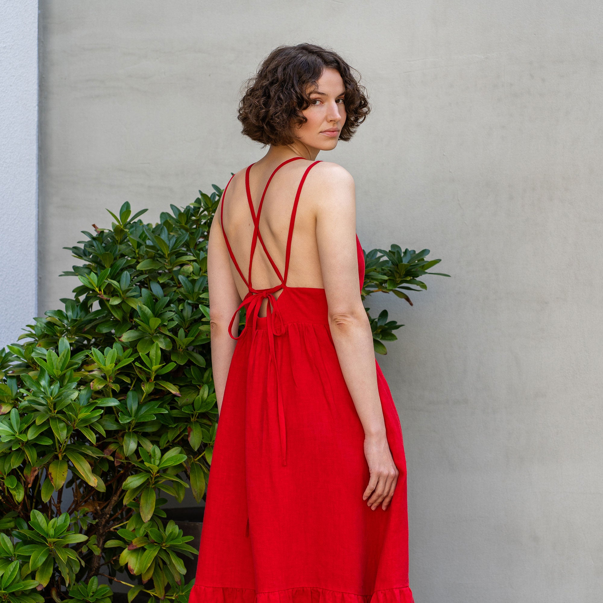 Linen Backless Lace Up Dress Anika Pure Red Color