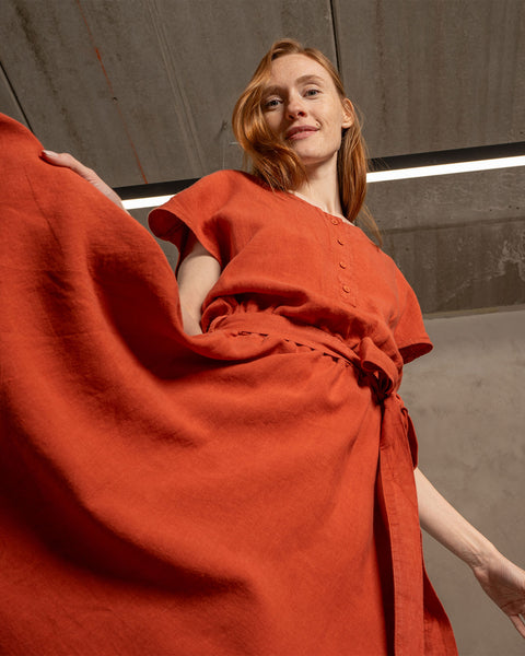Linen Front Button Dress Brigit Cinnamon Red