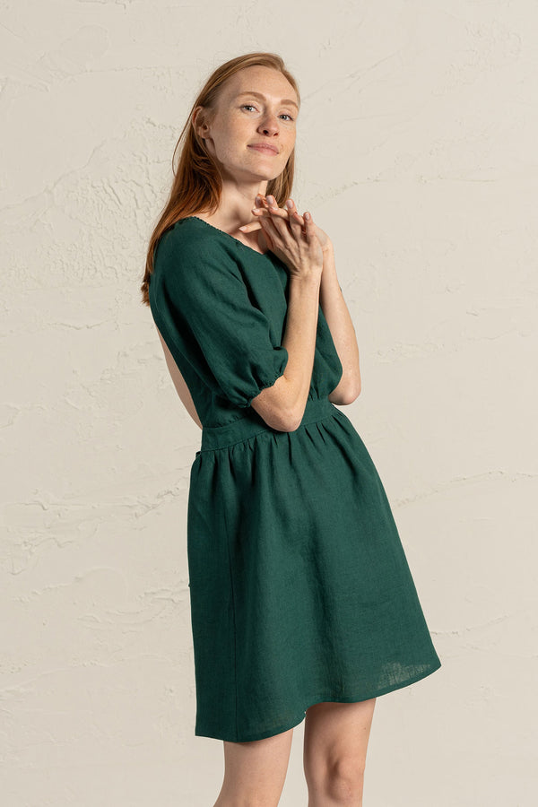Linen Mini A-Line Flare Dress Sandra dark green