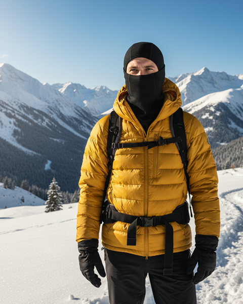 Man in a yellow winter jacket and black Merino wool balaclava standing on a snowy mountain trail with alpine peaks in the background.