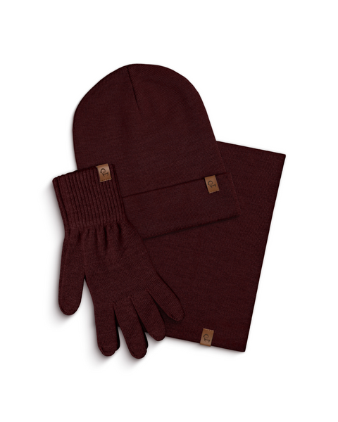 Royal Cherry menique knit beanie, gloves, and scarf set on a white background