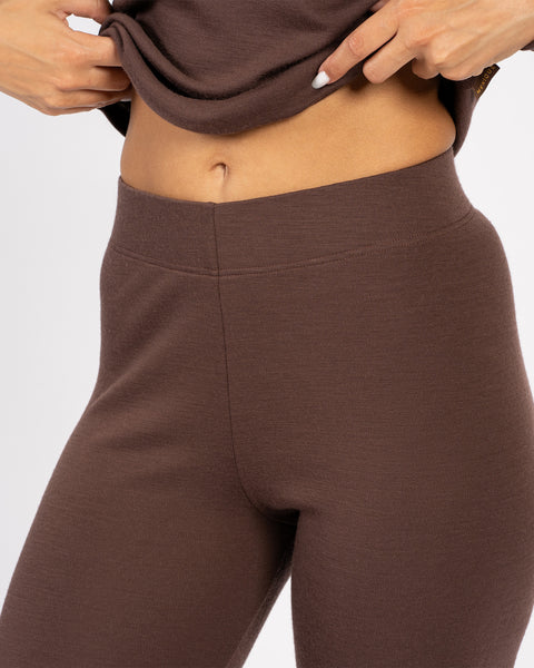 Close-up of waistband on brown merino wool leggings