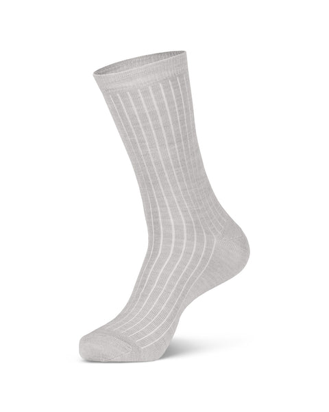 Women's Merino Rib Crew Socks in light gray color in a white background, side view.