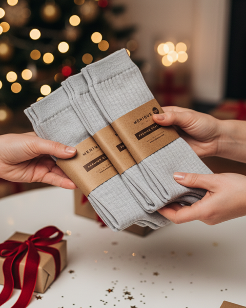 Hands exchanging a set of light gray ribbed socks packaged in kraft paper wrapping, with Christmas decorations and wrapped gifts in the background.