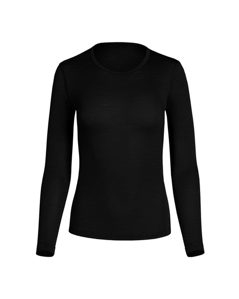 Black long-sleeve merino wool base layer top displayed on a white background, featuring a classic crew neckline, lightweight thermal fabric, and a streamlined silhouette ideal for layering in cold weather and year-round use.