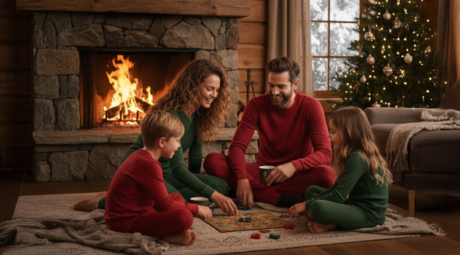 In the photo you can see a family, where mom and dad is looking at their child. They are all wearing natural color two-piece pajamas/loungewear sets made from warm and organic 100% Merino wool.