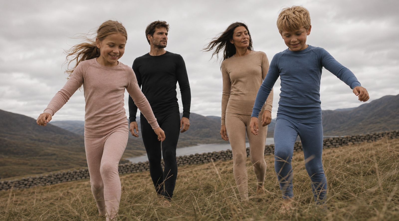 In the photo you can see a family, where mom and dad is looking at their child. They are all wearing natural color two-piece pajamas/loungewear sets made from warm and organic 100% Merino wool.