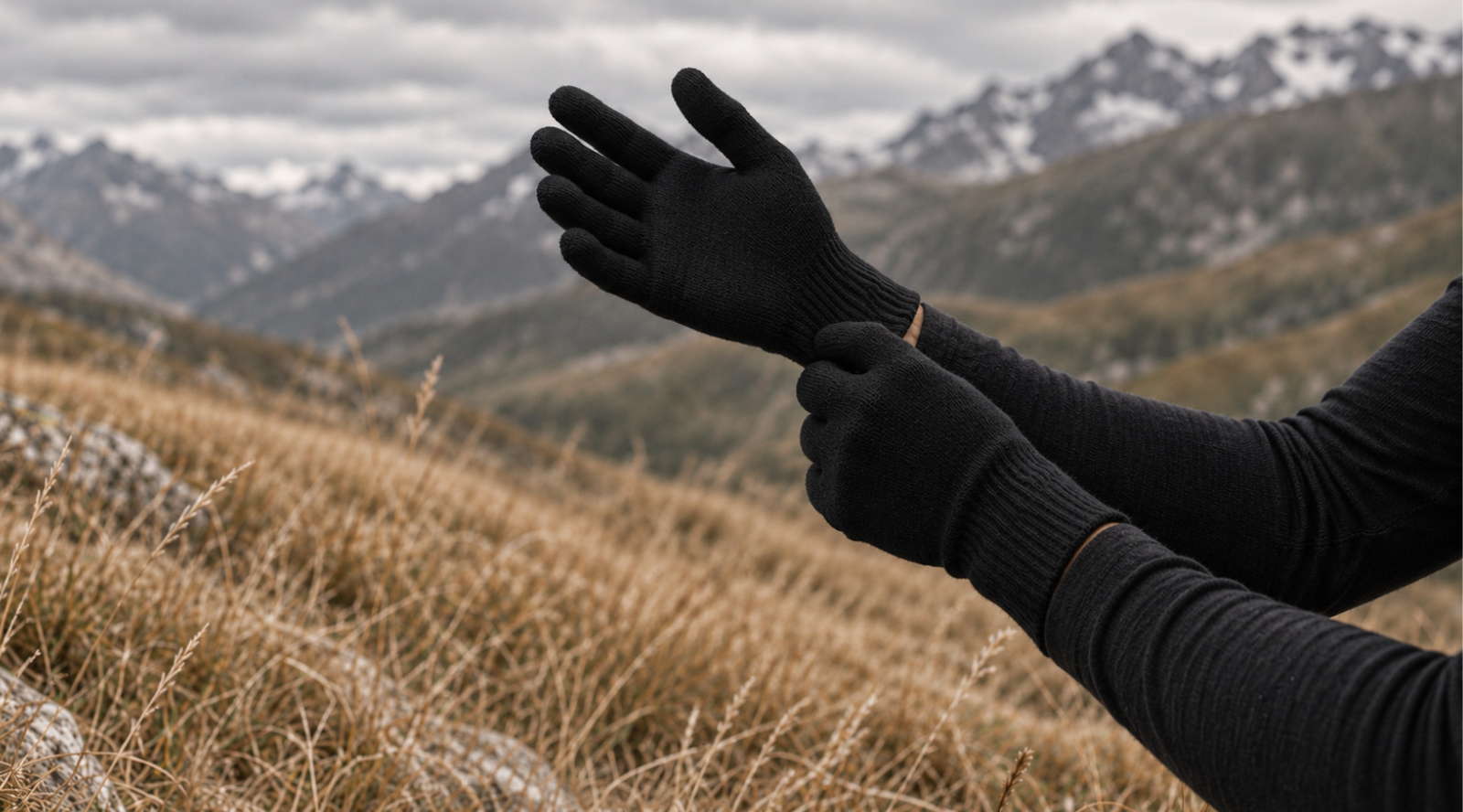 Man outdoors with dark gray knitted merino wool gloves.