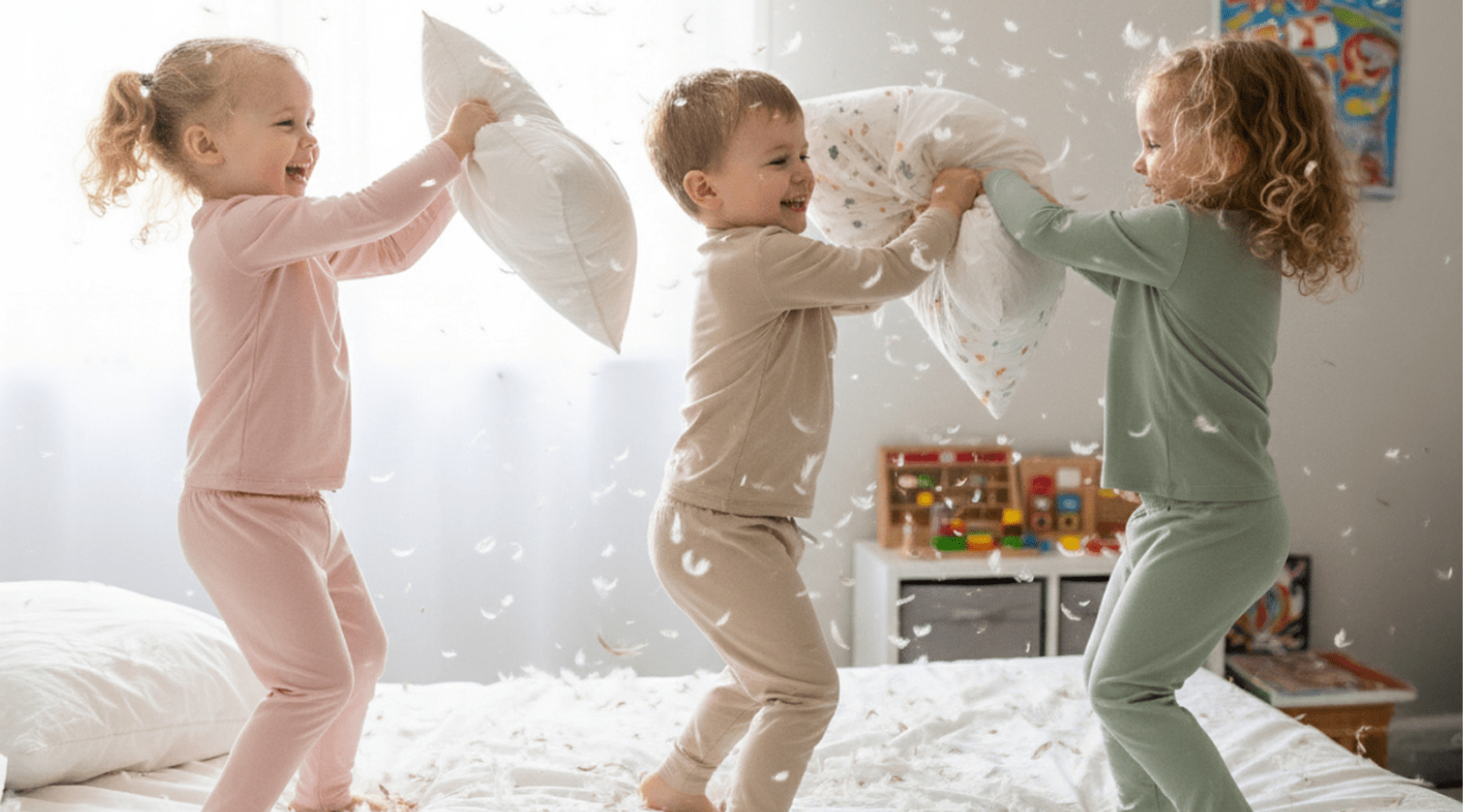 Little boy on the bed is wearing natural merino wool matching set