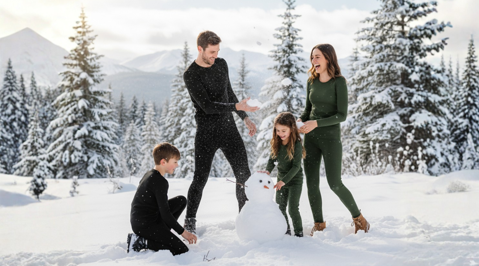 A father holding up a girl on his shoulders, both of them are wearing light blue merino wool 160gsm clothing sets of long sleeve shirts and pants.