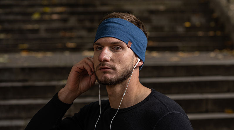 Men wearind sports headbands in denim blue  color