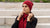 Woman outdoors wearing royal cherry merino wool headband