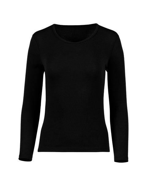the women&#39;s menique long sleeve top 250gsm merino in color black, white background, front view.
