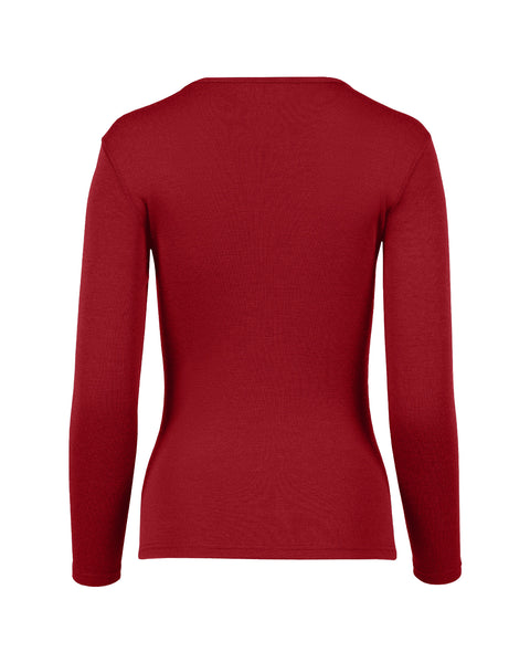 The menique women&#39;s long sleeve 250gsm merino top in royal cherry color, back view.