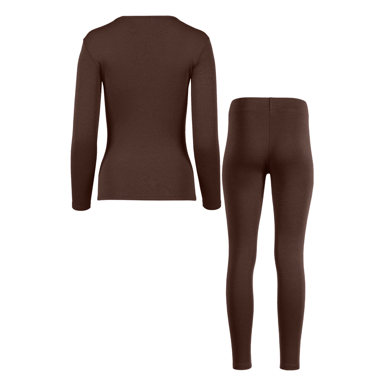 A matching set of brown long-sleeved shirt and leggings is displayed against a white background. The long-sleeved shirt is on the left, and the leggings are on the right.