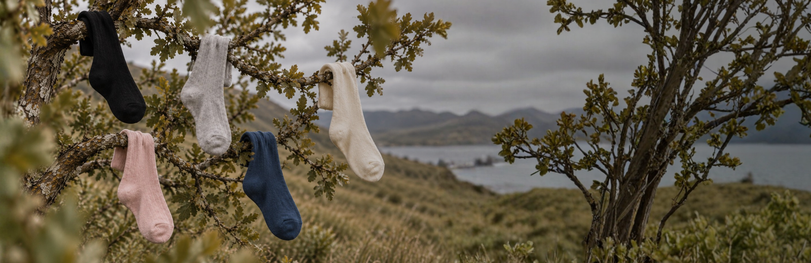 Five thick, knitted socks in black, pink, grey, blue, and cream are draped casually over the leafy branches of a tree. The tree stands in a natural landscape with rolling hills and a heavily overcast sky in the background.