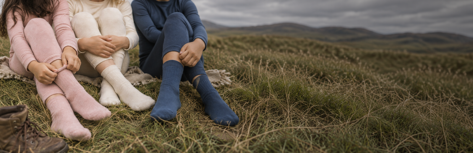 Three children sit side-by-side in a grassy field, with the image cropped to highlight their legs resting on a blanket. They are wearing matching thermal leggings and thick socks in shades of pink, cream, and blue.