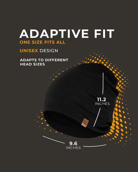 Black beanie with measurements on a dark background, highlighting &#39;Adaptive Fit&#39; features.