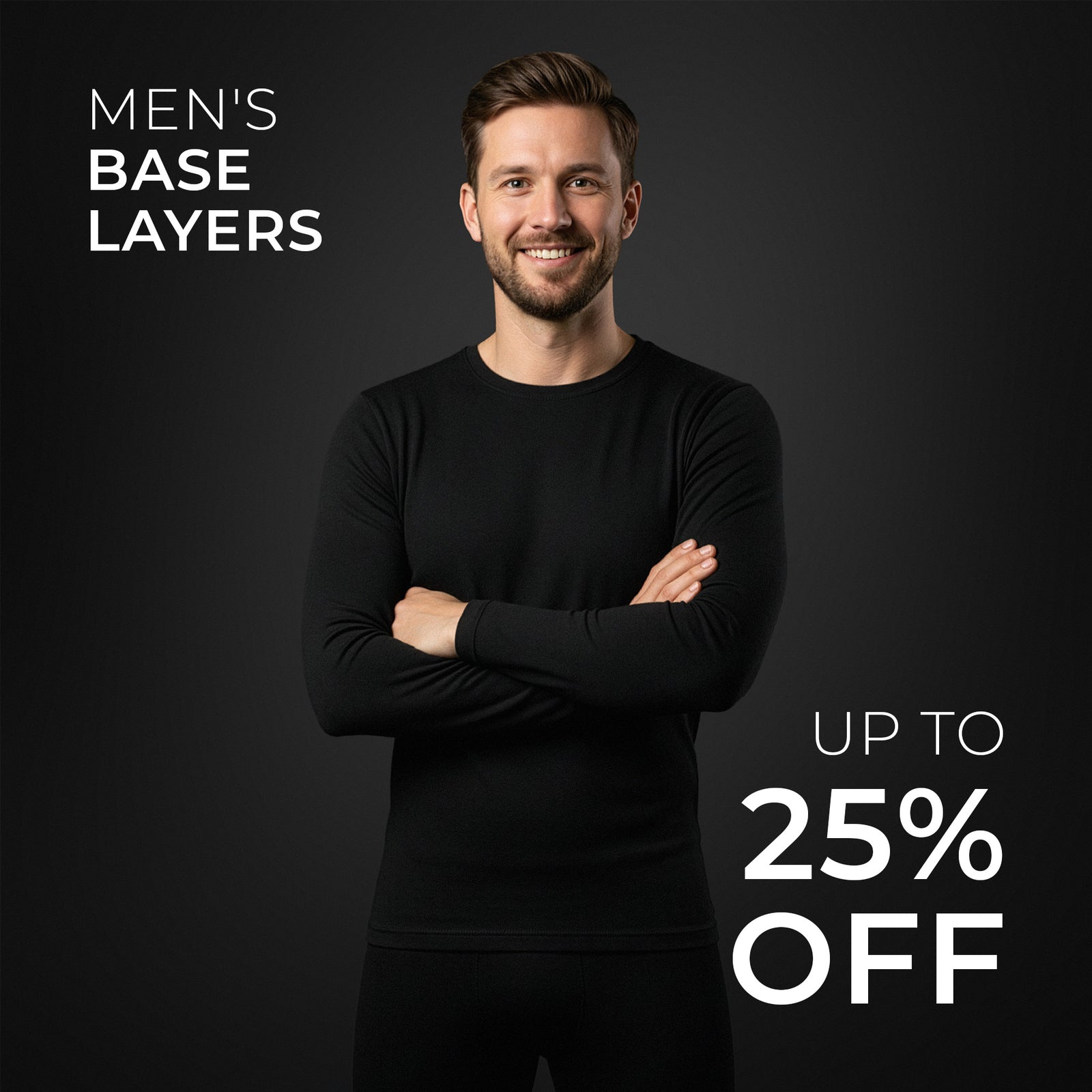 Man wearing a black long-sleeve shirt with promotional text for men's base layers on a dark background