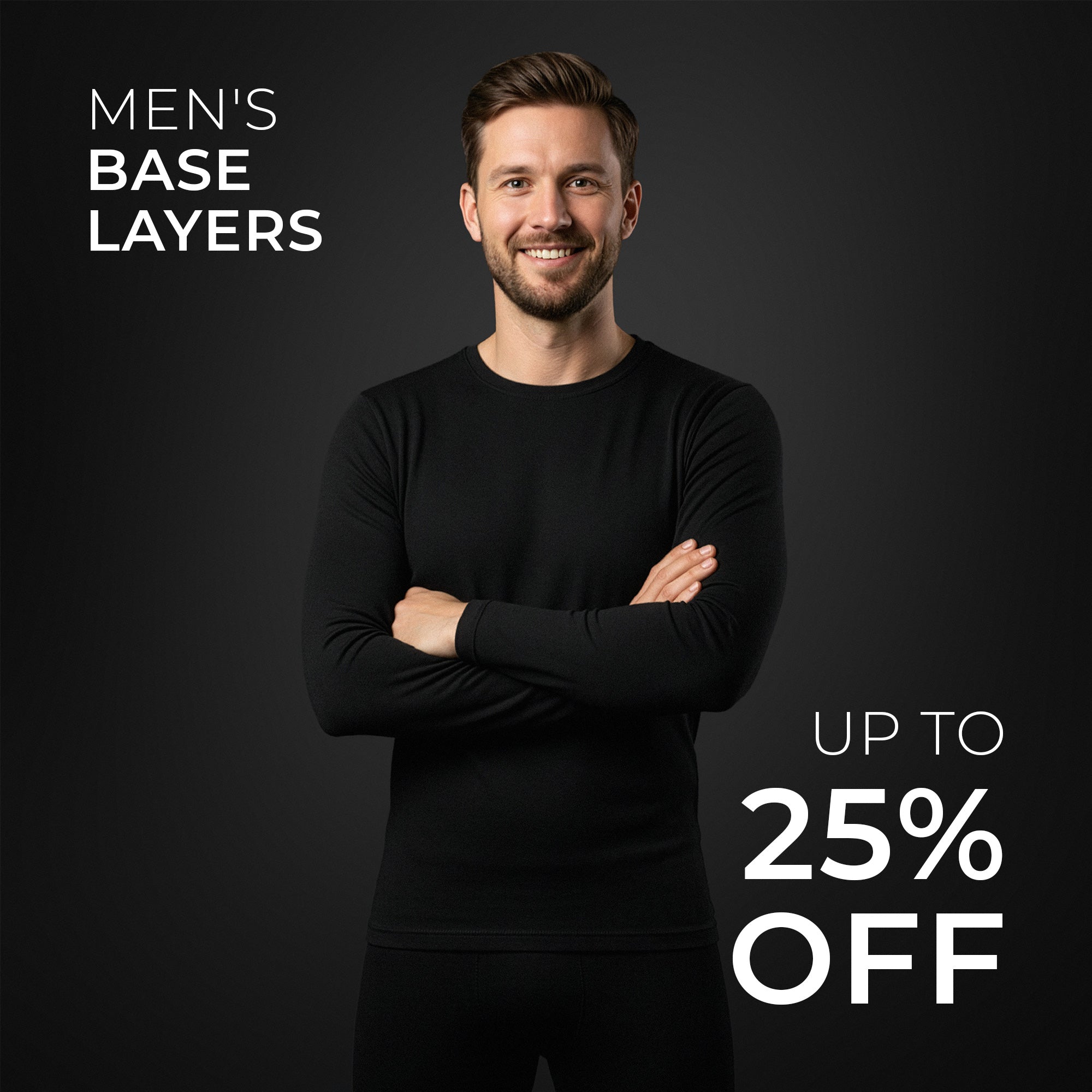 Man wearing a black long-sleeve shirt with promotional text for men's base layers on a dark background