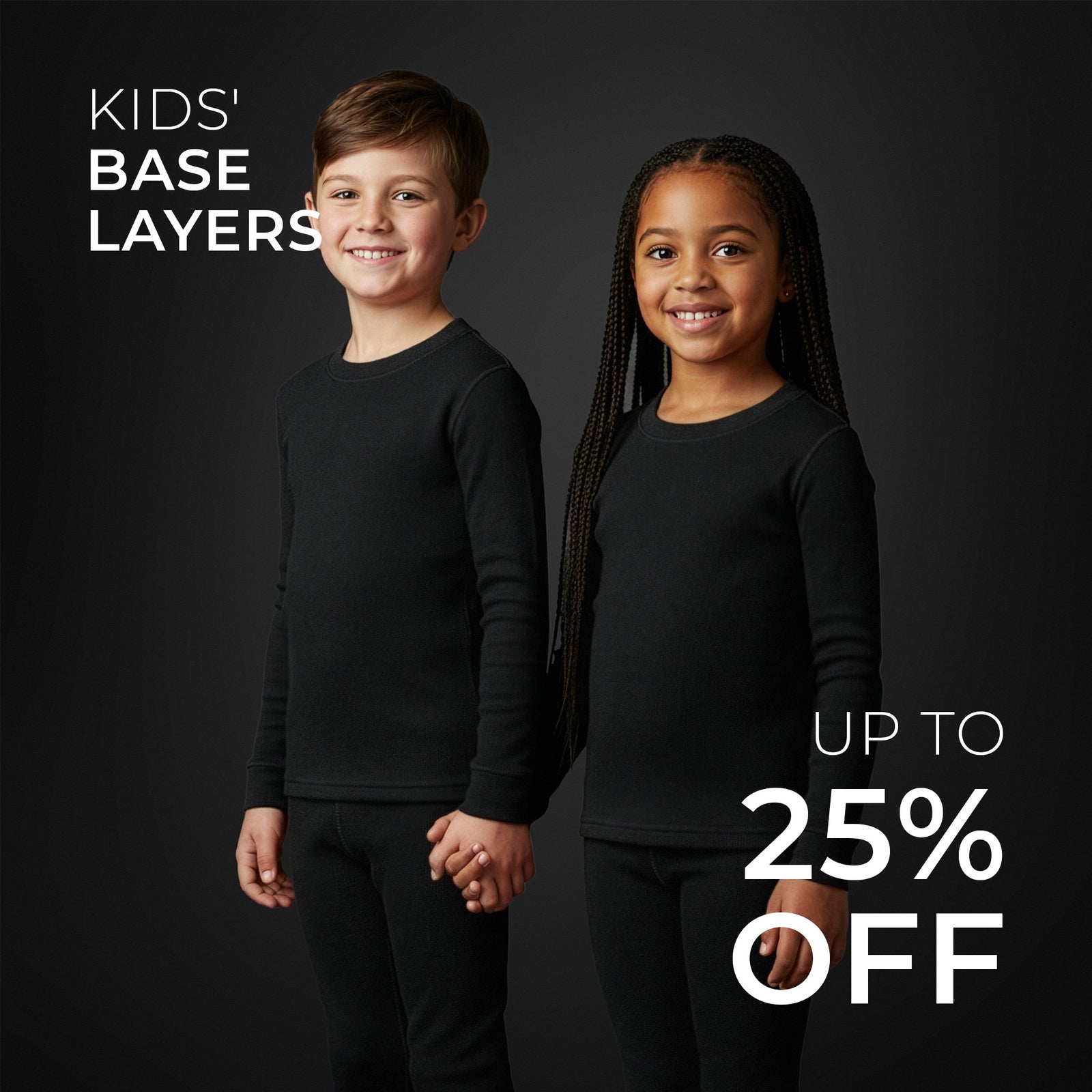 Two children wearing black base layers with promotional text on a dark background