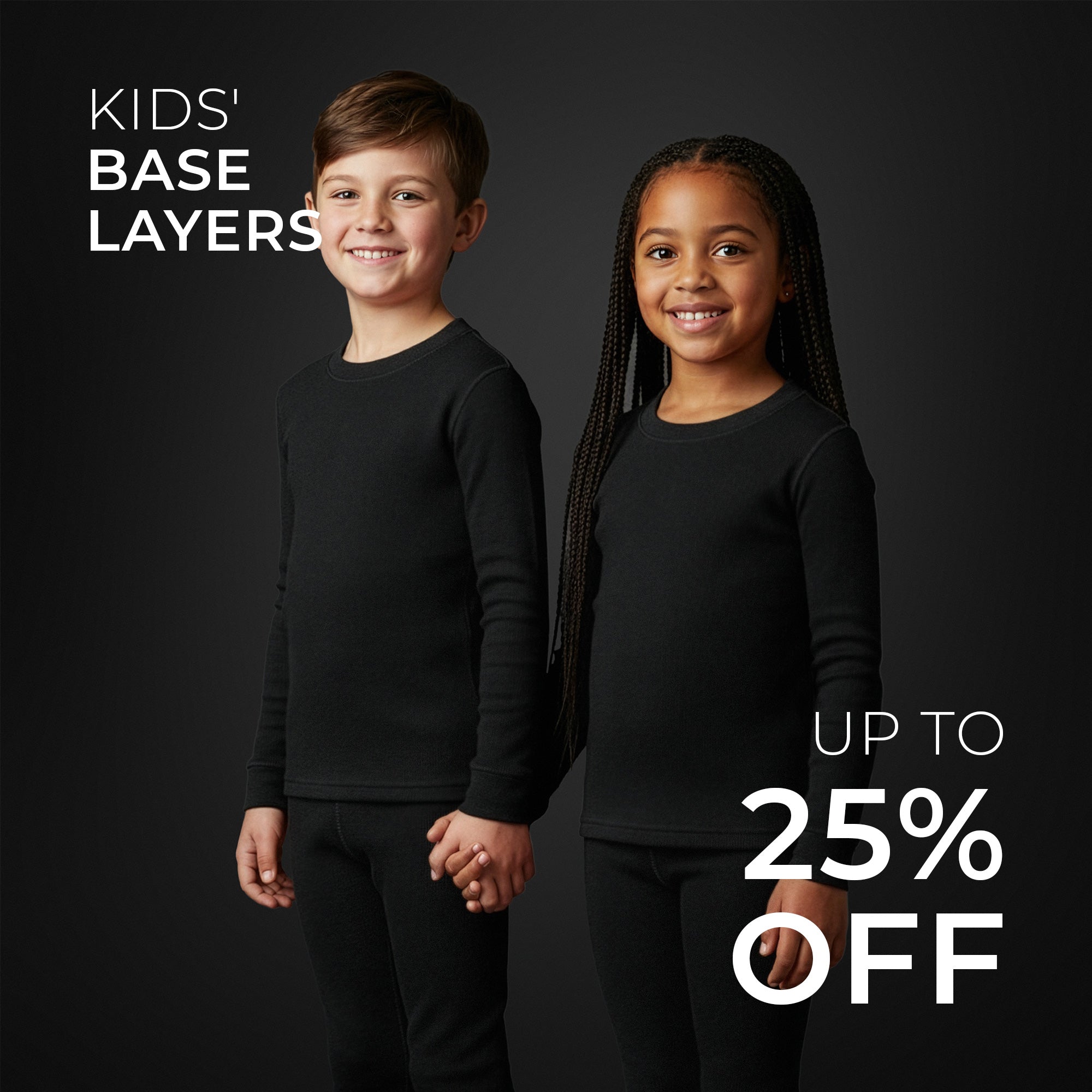 Two children wearing black base layers with promotional text on a dark background