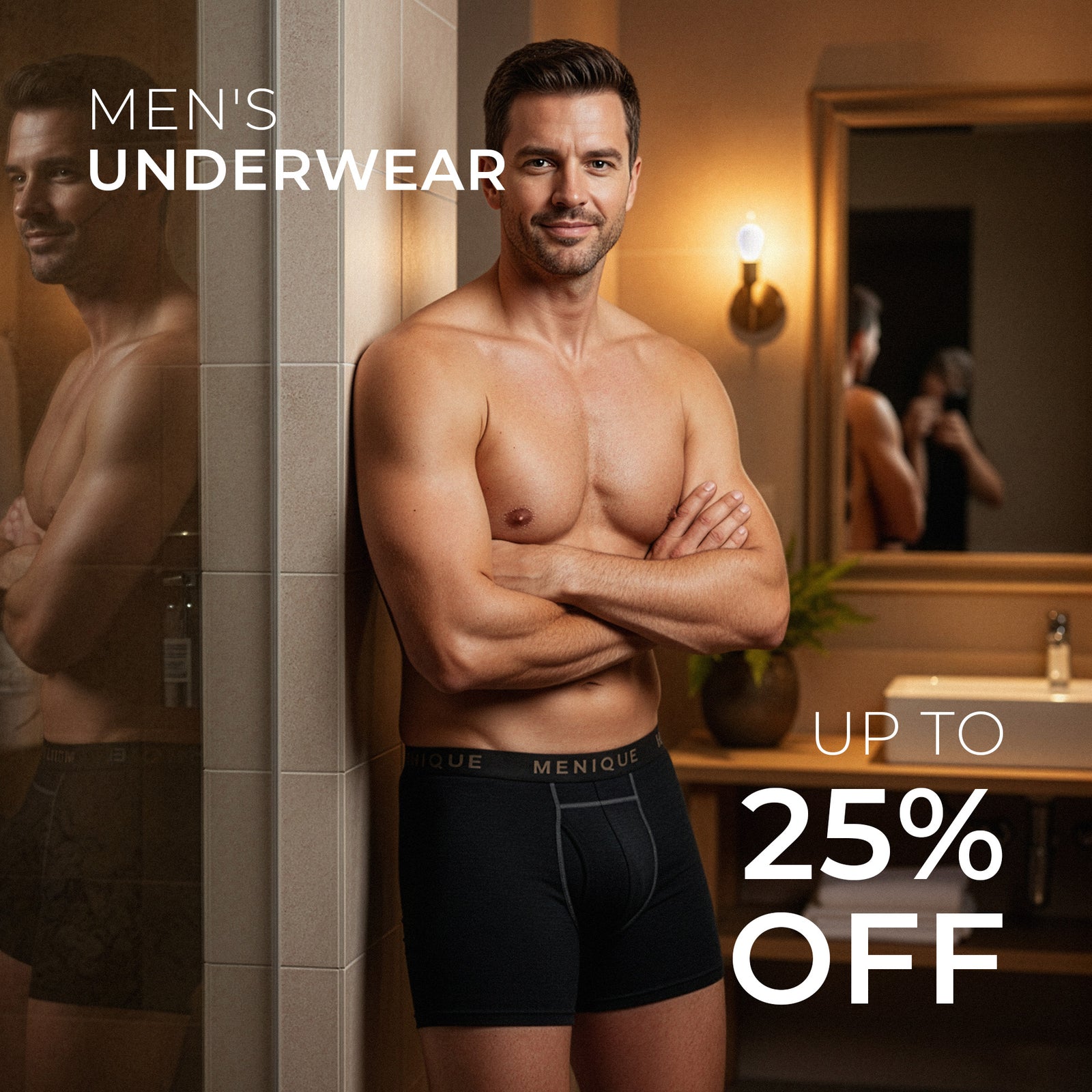 Man wearing men's underwear in a bathroom with promotional text for underwear sale.