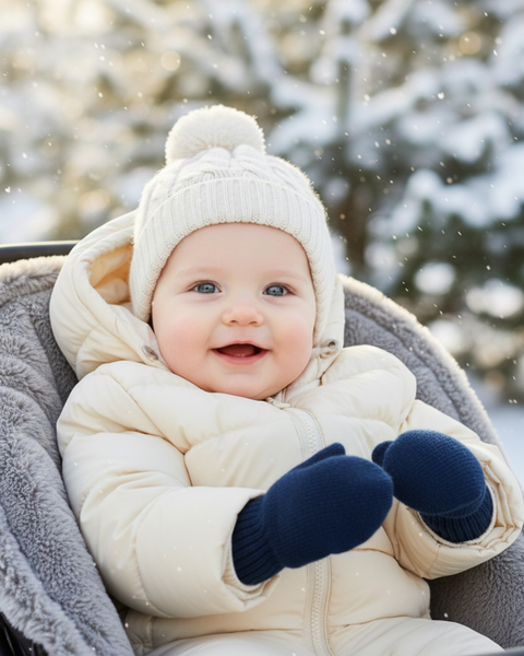 A smiling baby wearing a cream-colored snowsuit and white knitted hat with a pom-pom, sitting outdoors in a stroller on a snowy day, wearing navy blue mittens.