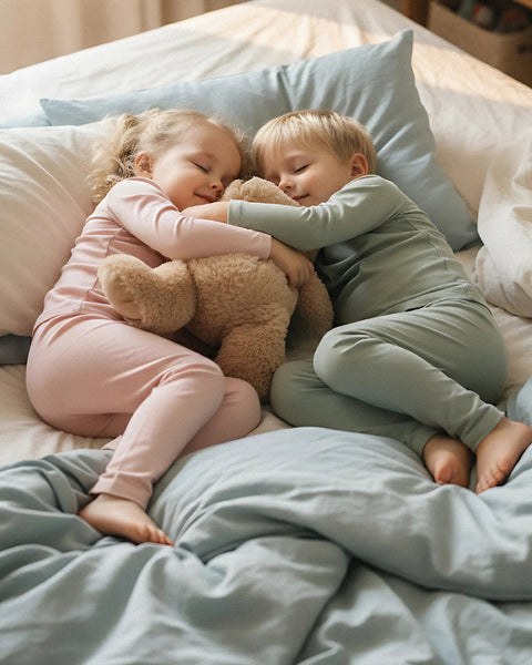 Two children in soft pajamas cuddling a teddy bear while sleeping on a bed with light blue bedding.