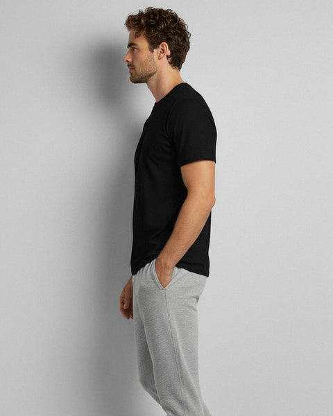 Side view of men’s black bamboo t-shirt showing lightweight, breathable fabric.