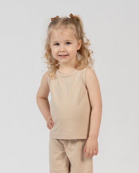 Kids bamboo sleeveless top and shorts set in beige, lightweight and comfortable loungewear.