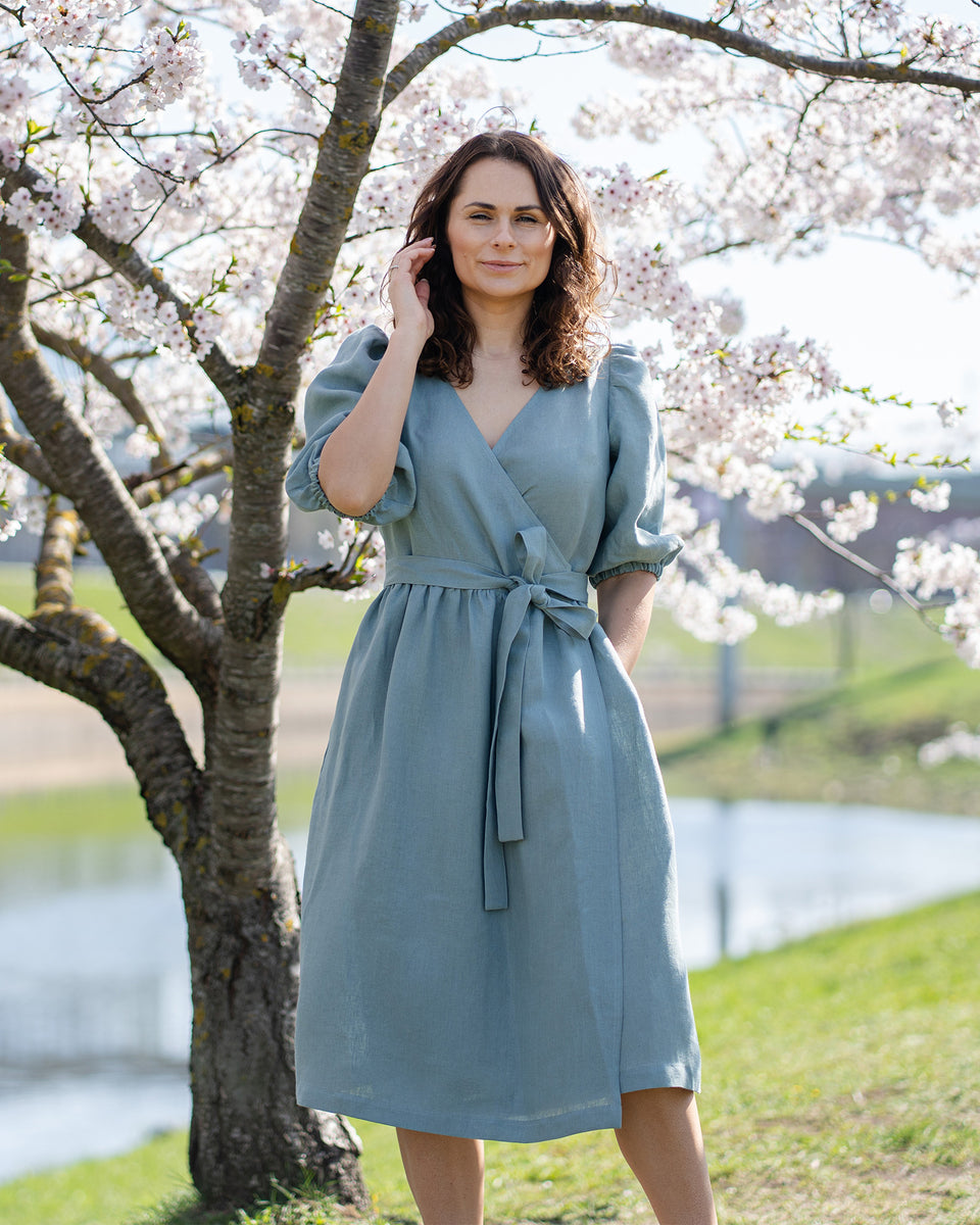 Puff Sleeve Midi Dress Made of 100% Linen menique - MENIQUE Puff Sleeve Midi Dress Made of 100% Linen menique - MENIQUE