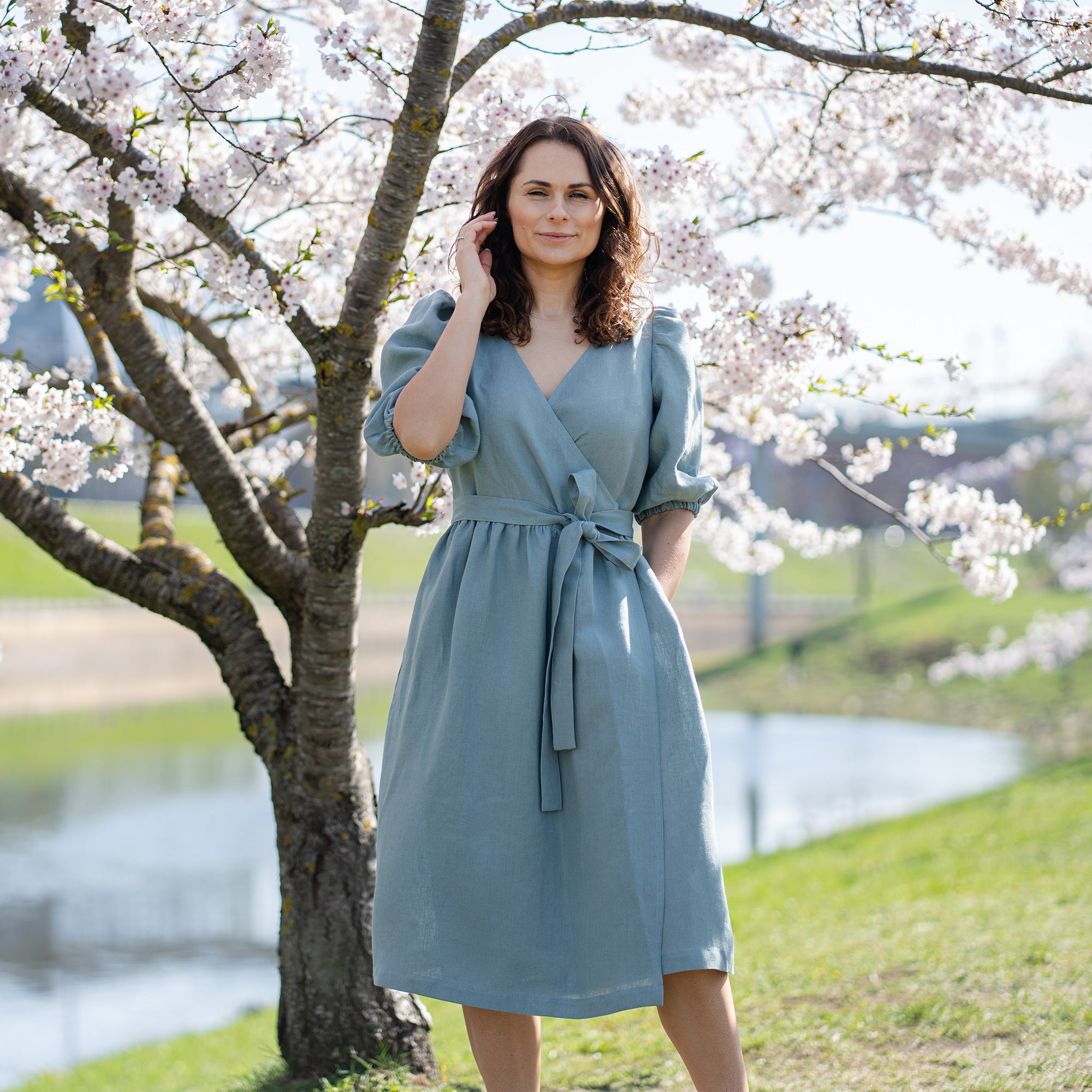 Bubble Sleeve Midi Dress Made of 100% Linen ❤️ menique