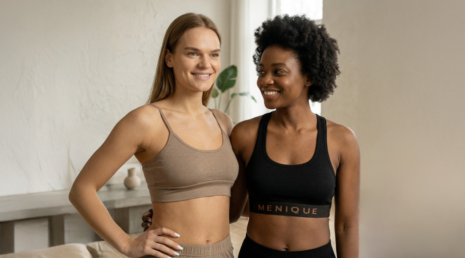 Two women wearing merino wool sports bras standing together indoors