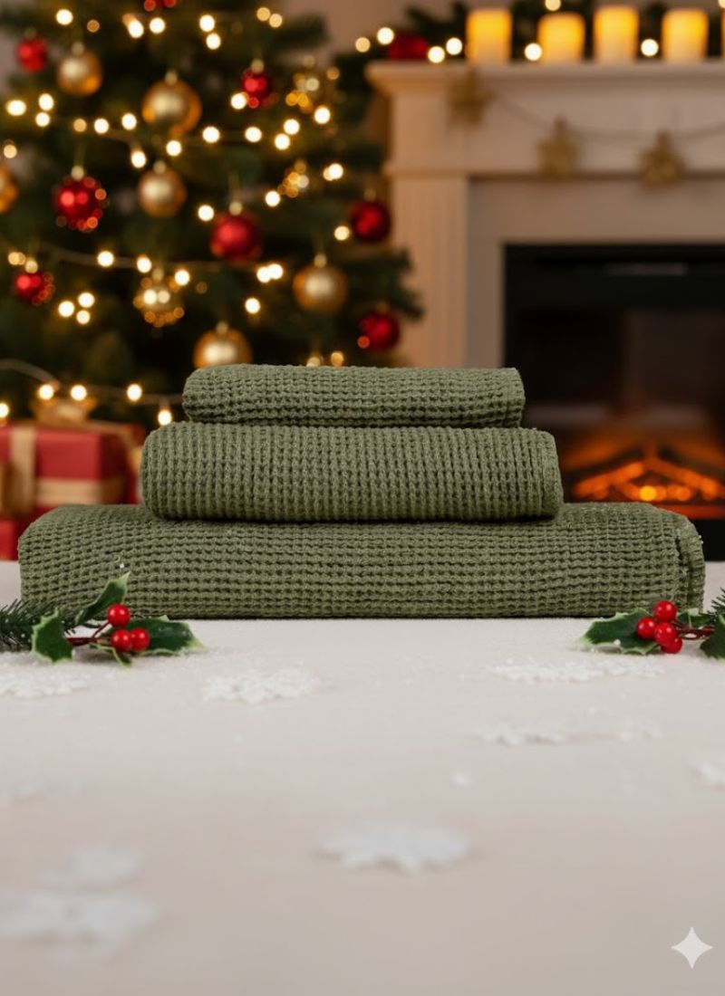 Stack of green towels on a table with a Christmas tree and fireplace in the background