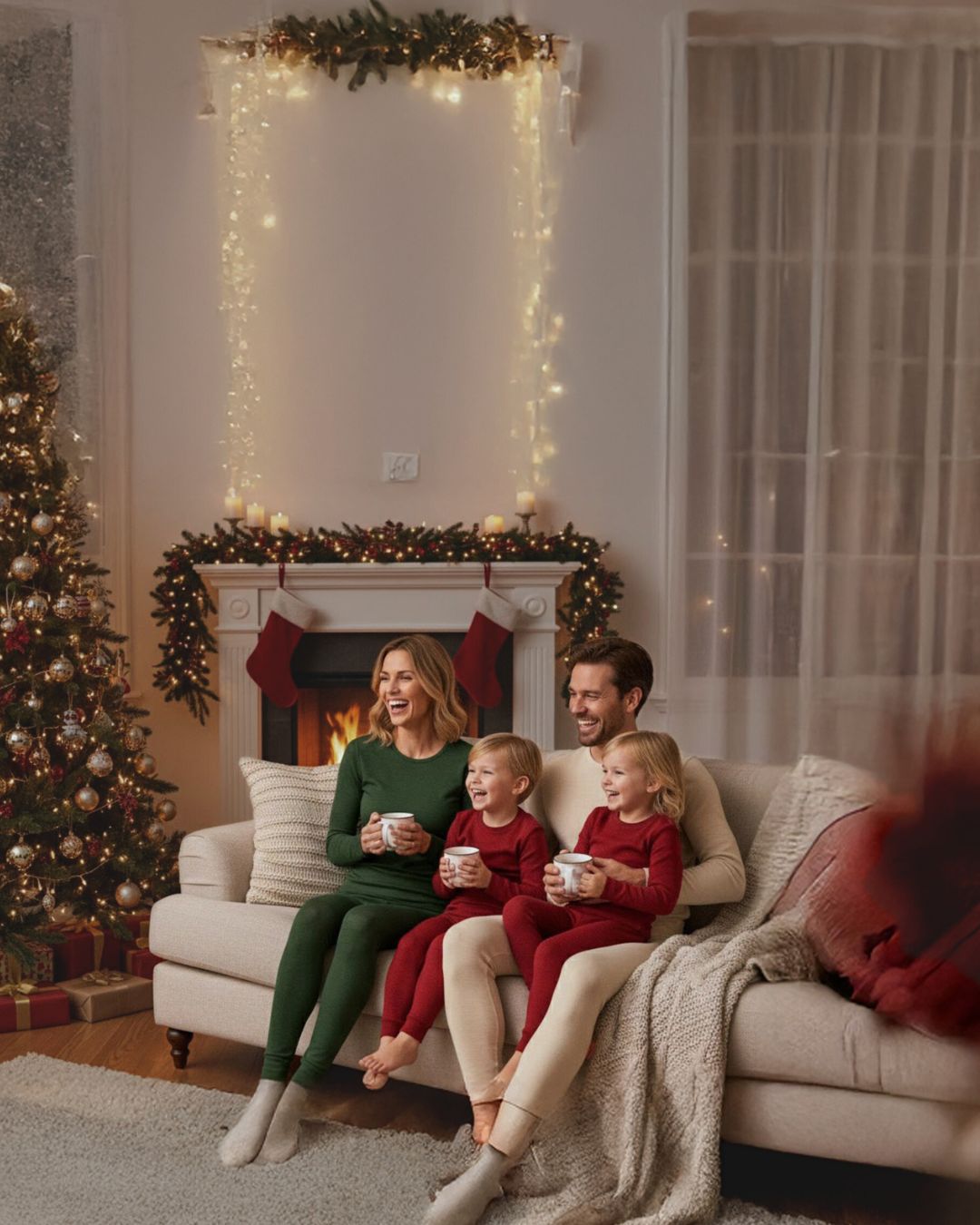 Family sitting on a couch in a living room decorated for Christmas with a fireplace and tree.
