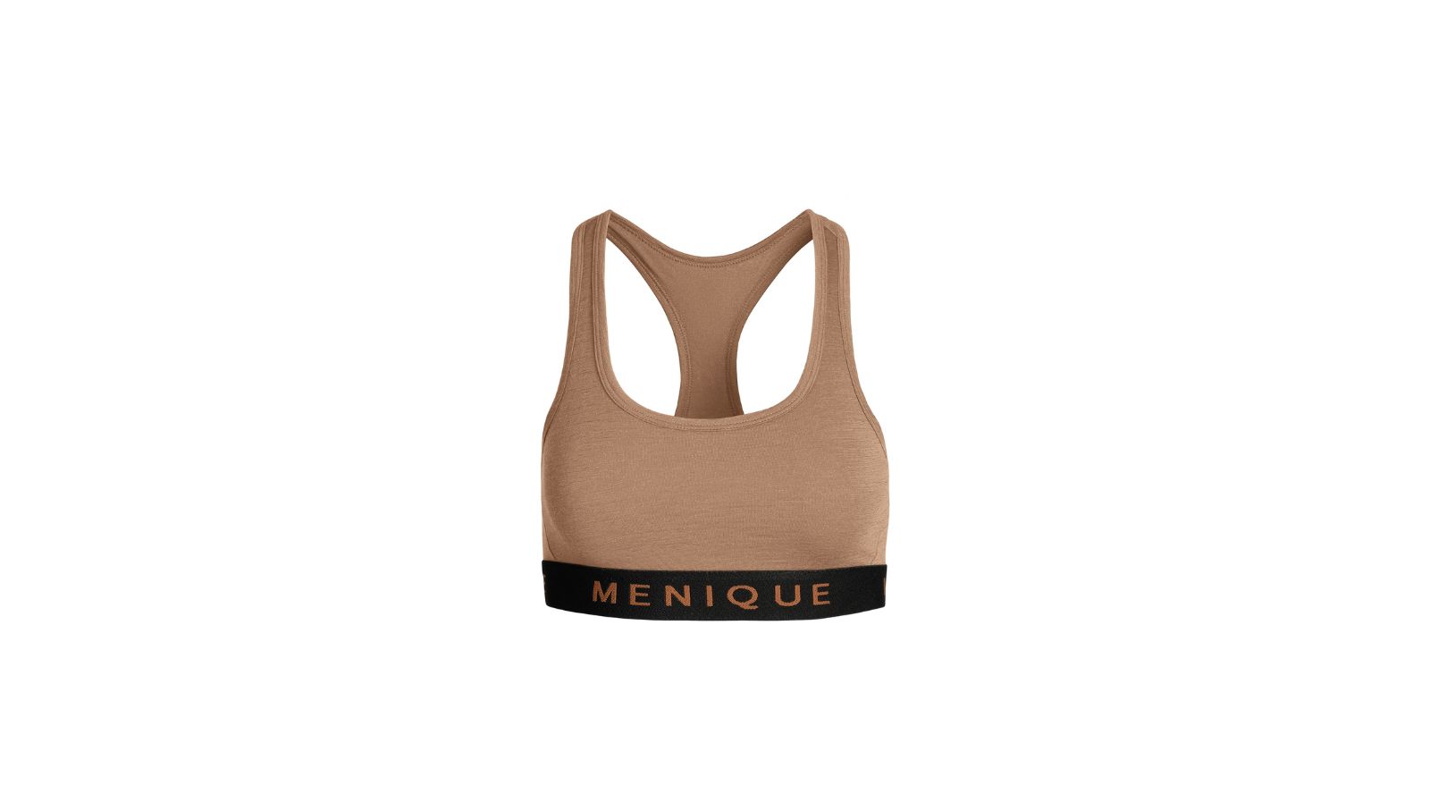 A women's taupe-colored sports bra is shown flat against a plain white background. It has a racerback design and a black elastic band at the bottom featuring the word "MENIQUE" in copper letters.