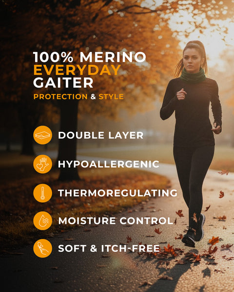 Autumn park scene with a woman running in a green neck gaiter; banner reads “100% Merino Everyday Gaiter — double layer, hypoallergenic, thermoregulating, moisture control, soft &amp; itch-free.”