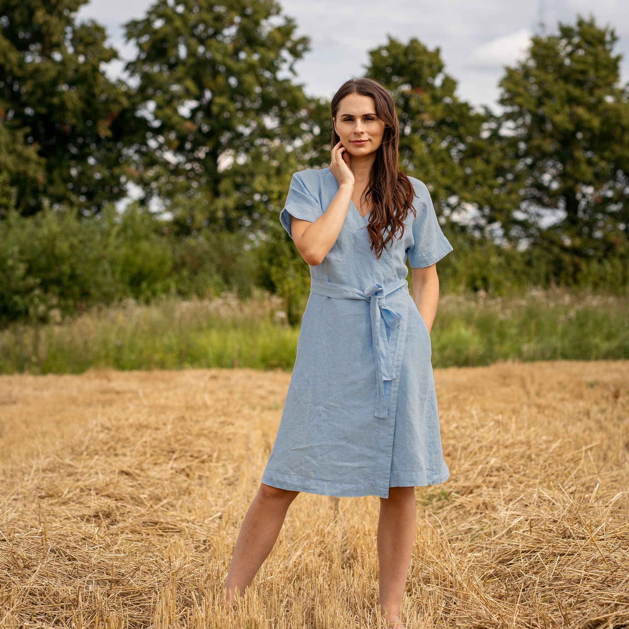 Natural Linen Wrap Dress - Midi, Cocktail, Summer, Wedding guest - Cloudy Blue - XL Natural Linen Wrap Dress - Midi, Cocktail, Summer, Wedding guest - Cloudy Blue - XL